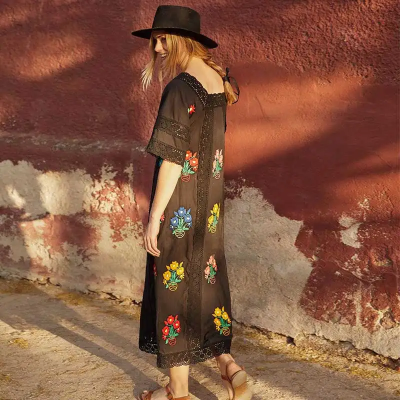 Vintge boho платье шикарное свободное цветочное кружевное платье с вышивкой с квадратным вырезом шикарное летнее платье женское Цыганский богемный vestidos