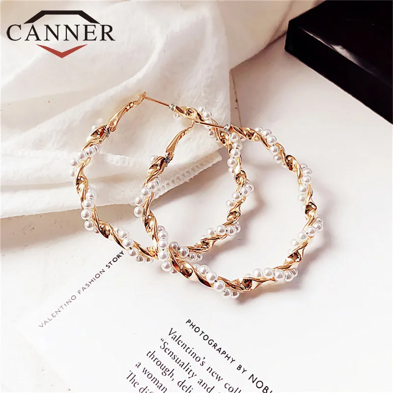 CANNER Rose Gold Color Exquisite Spiral Imitation Pearls Hoop Earring Fashion Big Round Women Earring TH