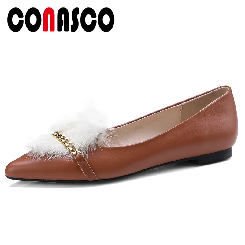 

CONASCO Fashion Women Basic Flats Genuine Leather Spring Autumn Wedding Party Shoes Woman Pointed Toe Metal Decoration Shoes