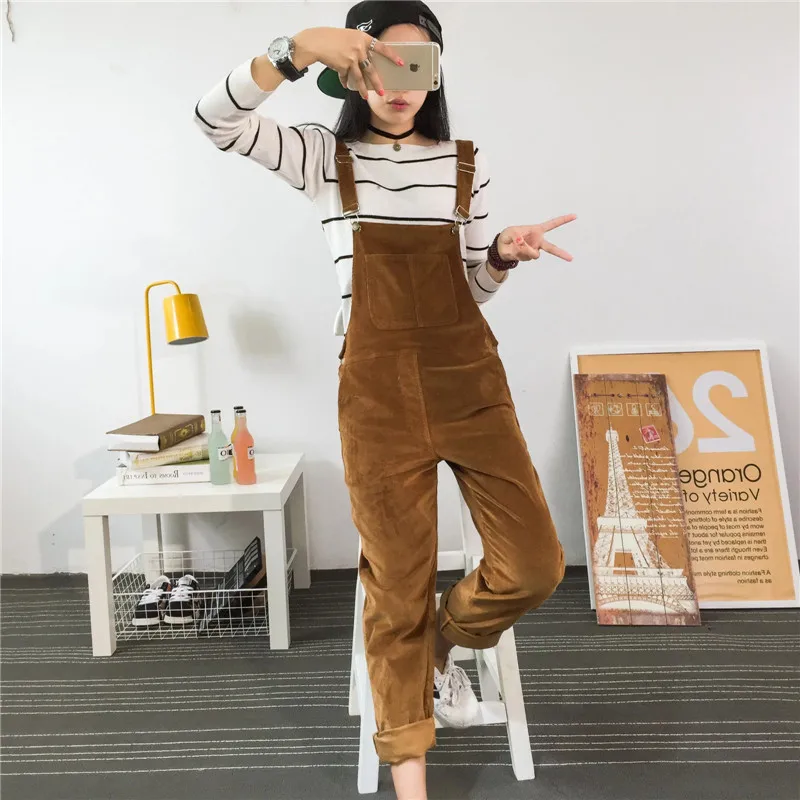 

2019 spring and autumn new fashion street solid color corduroy straps jumpsuit women, wild slim casual pants women