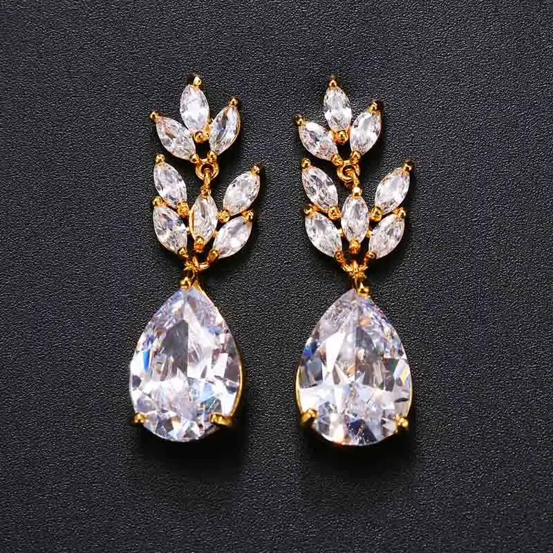 Yellow Gold Модные капельки воды AAA кубический циркон Свадебные висячие серьги Маркиза кристалл белый желтый золотой цвет серьги для невесты подарок brinco - Окраска металла: Yellow Gold