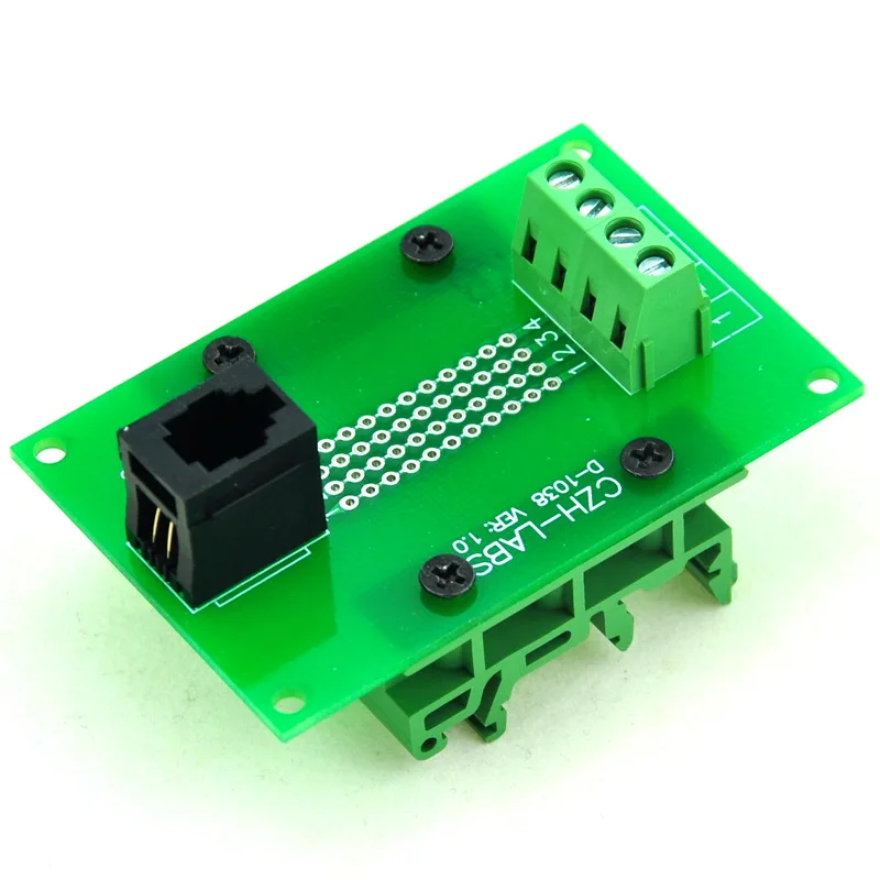 

RJ9 4P4C Interface Module with Simple DIN Rail Mounting feet, Vertical Jack.