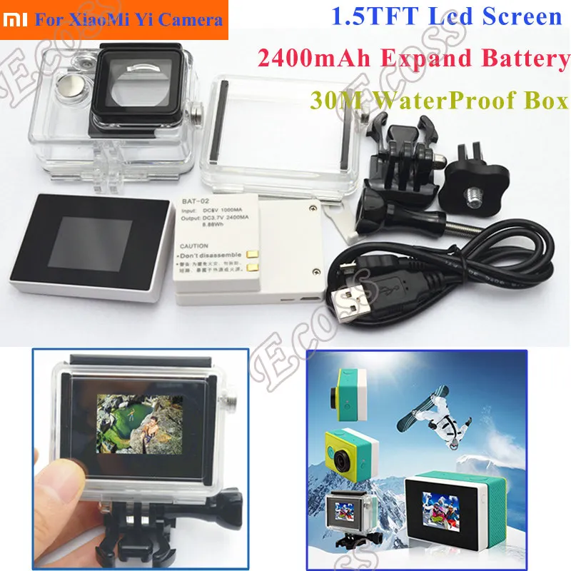 3 In1 XiaoMi Yi Lcd display Screen+2400Ma Battery+Xiaomi Yi Case Waterproof Housing Box+Adapter For Action Camera Accessores Set