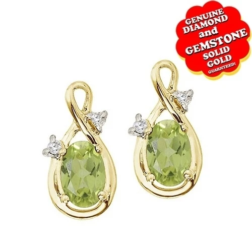 0.9 CT Oval Cut Peridot & Natural Diamond 14K Yellow Gold Stud Earrings