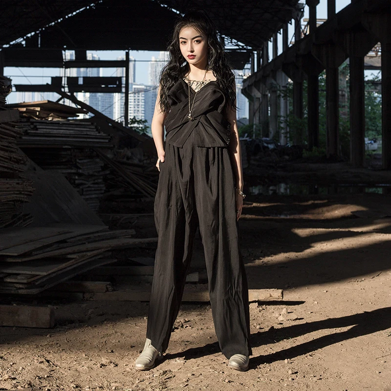 [EAM] 2019 New Spring Summer High Waist Pocket Stitch Fold Split Joint Irregular Loose Pants Women Jumpsuit  Fashion Tide JX166
