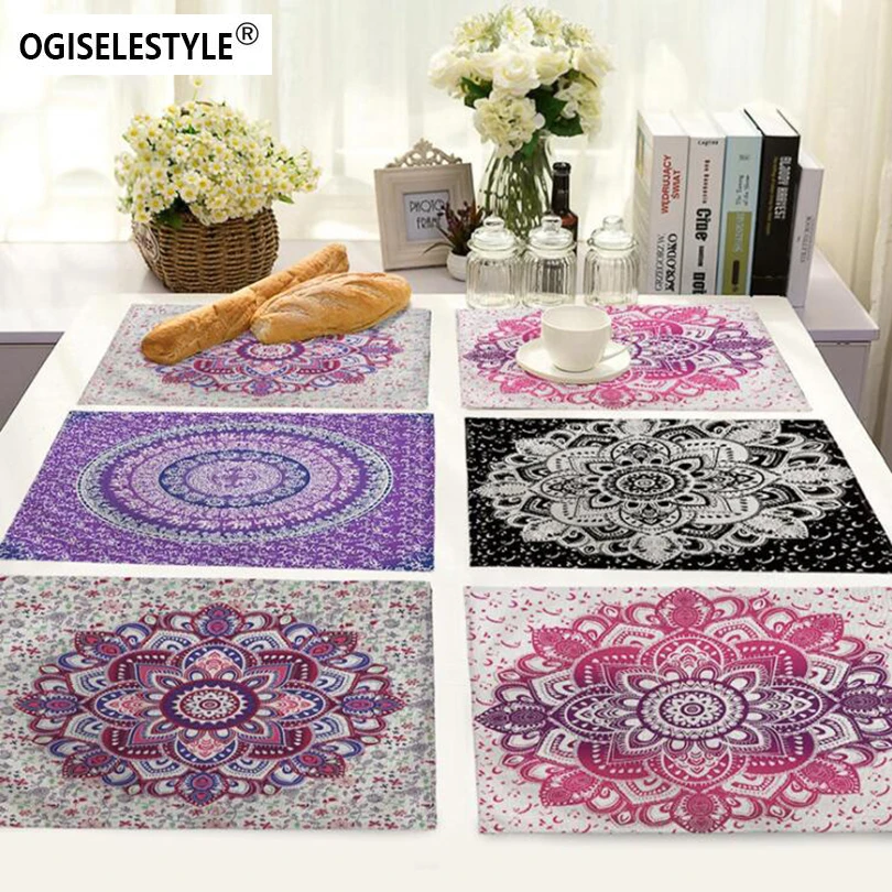 

Ogiselestyle Natural Style Datura Cotton Linen Placemat Printed Table Mat Heat-Insulation Dining Table Kitchen Tableware