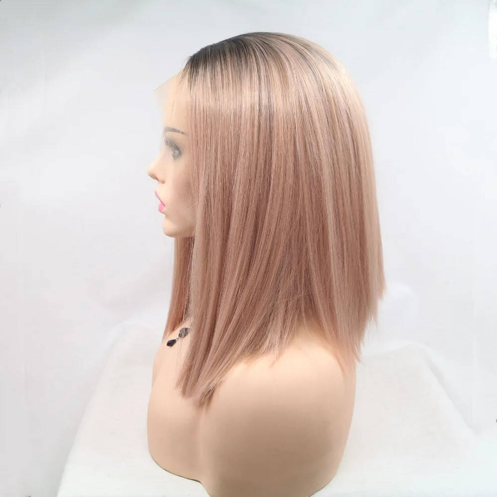 Marquesha синтетический парик фронта шнурка Омбре пыльное розовое золото термостойкие волокна Замена парики для женщин