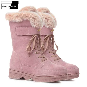 

2019 New Snow Boots Women Side Zipper Lace Up Winter Fashion Warm Shoes Female Round Toe Hidden Heel Fleece Lining Footwear Pink