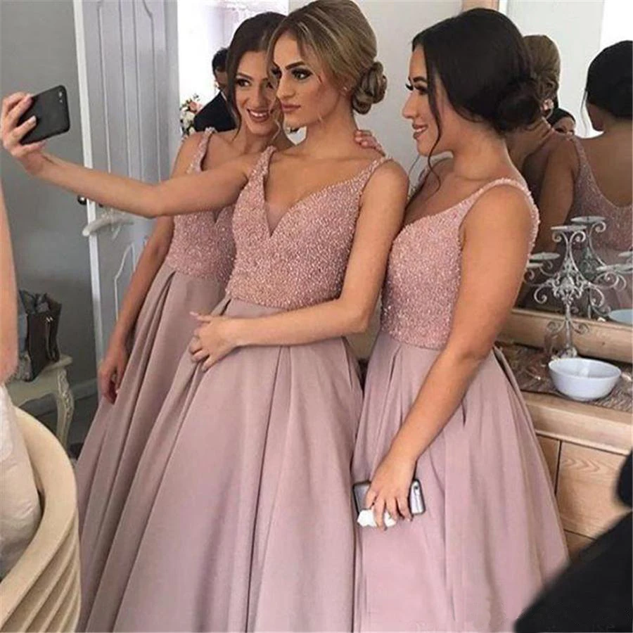 

Deep V Neck Sparking Blush Pink Bridesmaid Dress 2019 Sleeveless Beaded Prom Gowns Floor Length Stain Formal Party Dresses
