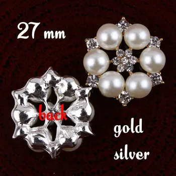 

30pcs/lots27MM Round Crystal Rhinestone Silver and Gold Plated Metal Pearl Buttons Flat Back Embellishments RMM217