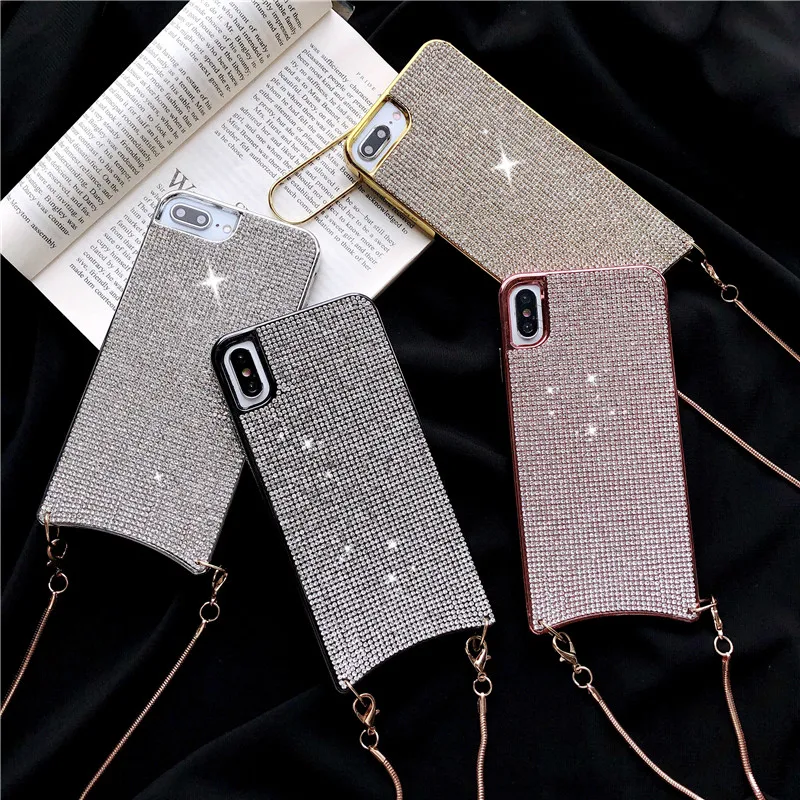 

Luxury Diamond Curved Case for Apple iPhone XS Max XR 6 6S 7 8 Plus X Metal Chain Lanyard Rope Electroplate TPU Cover Phone Bags