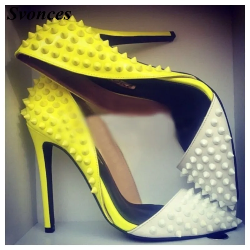 

Svonces So Nice Kate Yellow Rivets Pumps Women Dress Shoes Big Size 43 Sexy Lady Studded Pointed Toe High Heel Shoes For Women
