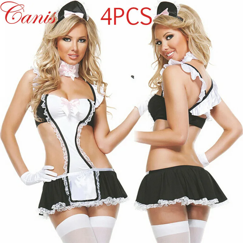 

Sexy Women 4PCS Maid Lace Babydoll Outfit Set Halloween Costume Cosplay Fancy Dress HOT