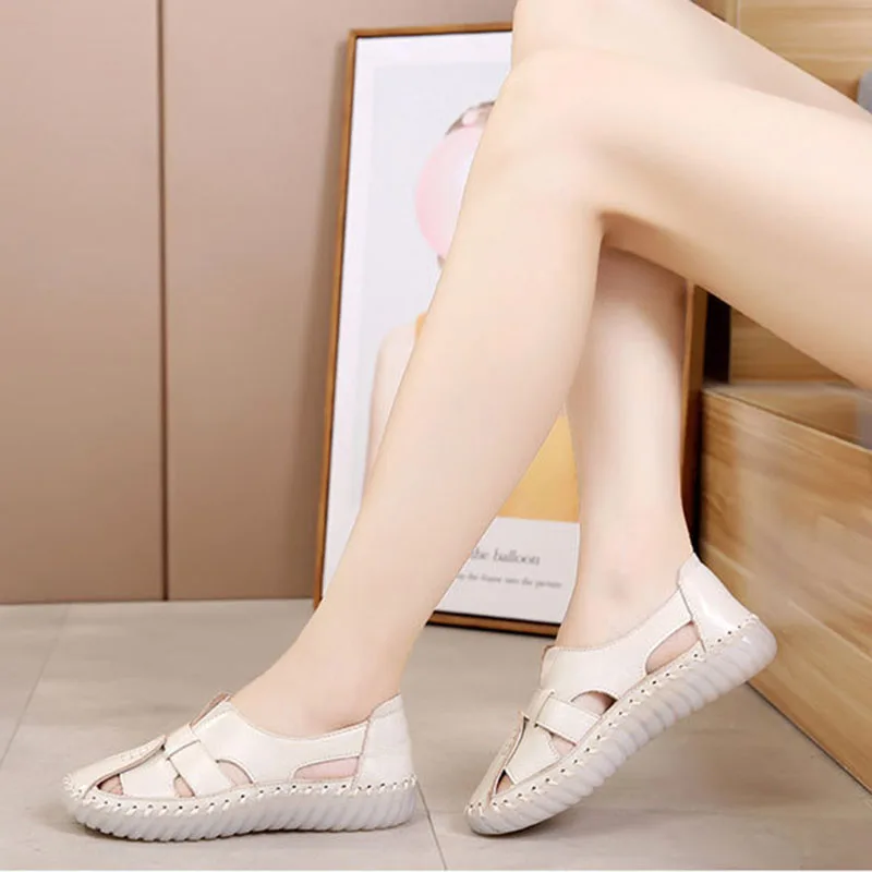 Women's Sandals 2019 Summer Genuine Leather Handmade Ladies Shoe Leather Sandals For Women Flats Retro Style Mother Shoes