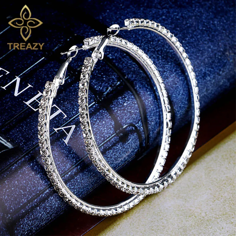 

TREAZY Trendy Silver Color Rhinestone Circle Earrings Super Big Round Crystal Hoop Earrings For Women Girls Wedding Party Gifts