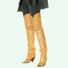 Сапоги до бедра из искусственной кожи желтого, белого, черного цвета ковбойские сапоги с острым носком и металлическими элементами г. Женские Ковбойские Сапоги выше колена