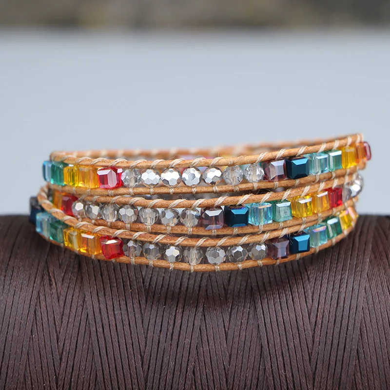 

EDOTHALIA Multi Color Square Crystal Beads Leather Wrap Bracelets Women Yoga 7 Chakras Balancing Handmade Bracelet Jewelry