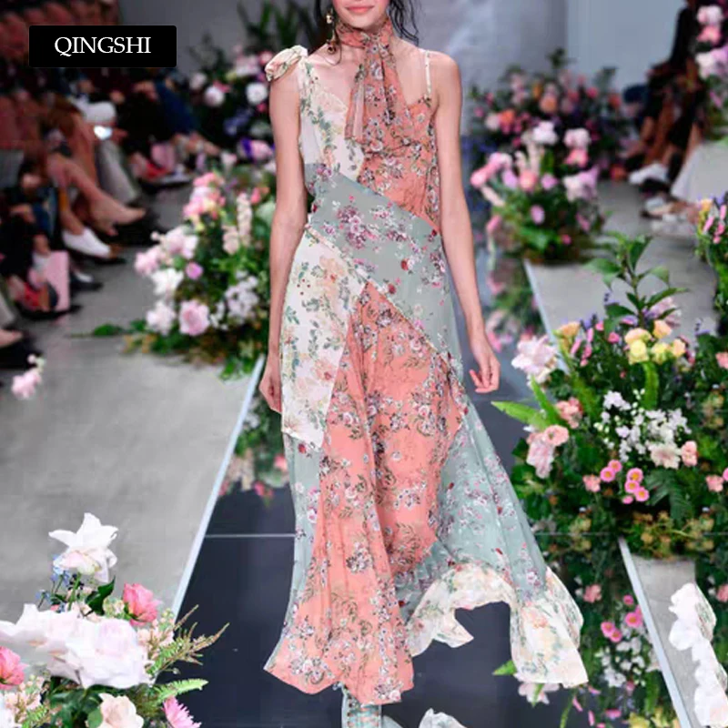 

Vintage High Waist Spaghetti Strap Vestidos Patchwork Sexy Floral Dress V Neck Sleeveless Wrap Dress Bohemian Summer Beach Dress