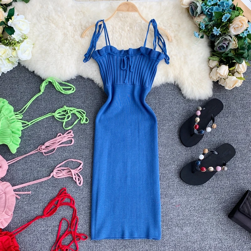 ALPHALMODA японское Милое трикотажное платье с оборками, высокая талия, женское сексуальное платье на бретелях, Пляжное праздничное вязаное платье, карамельный цвет - Цвет: Синий