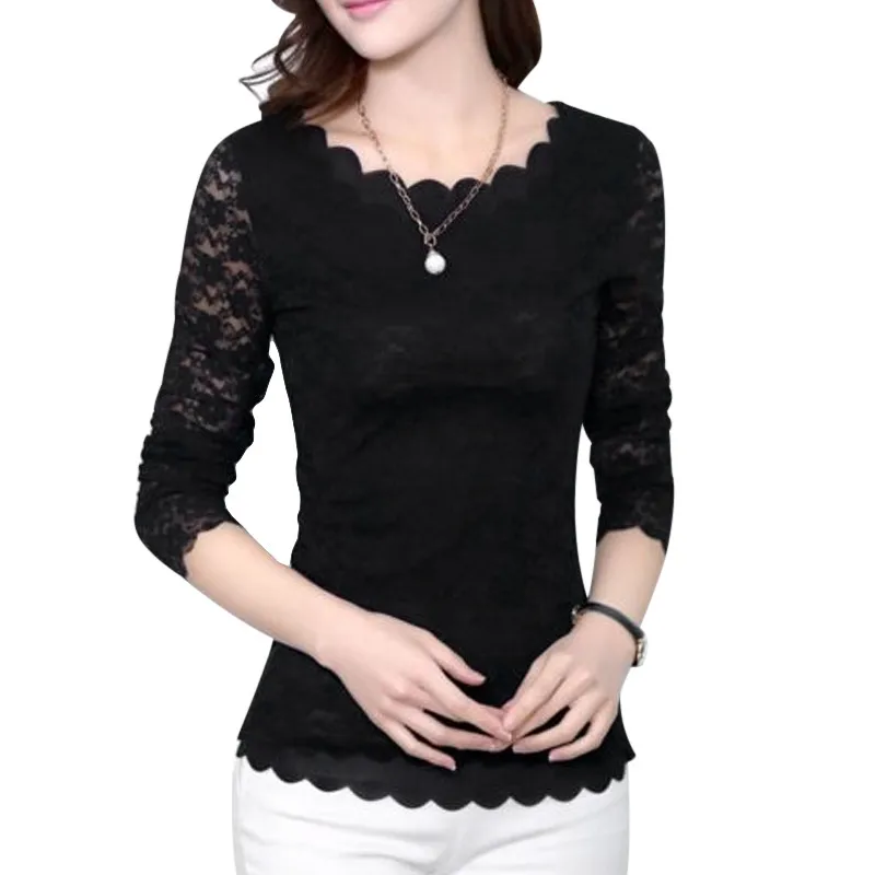 

Korean Style Lace Floral For Women Elegant Summer Blusas Tops Long Sleeved Blouses Ladies White Black Shirts Camisas Femininas