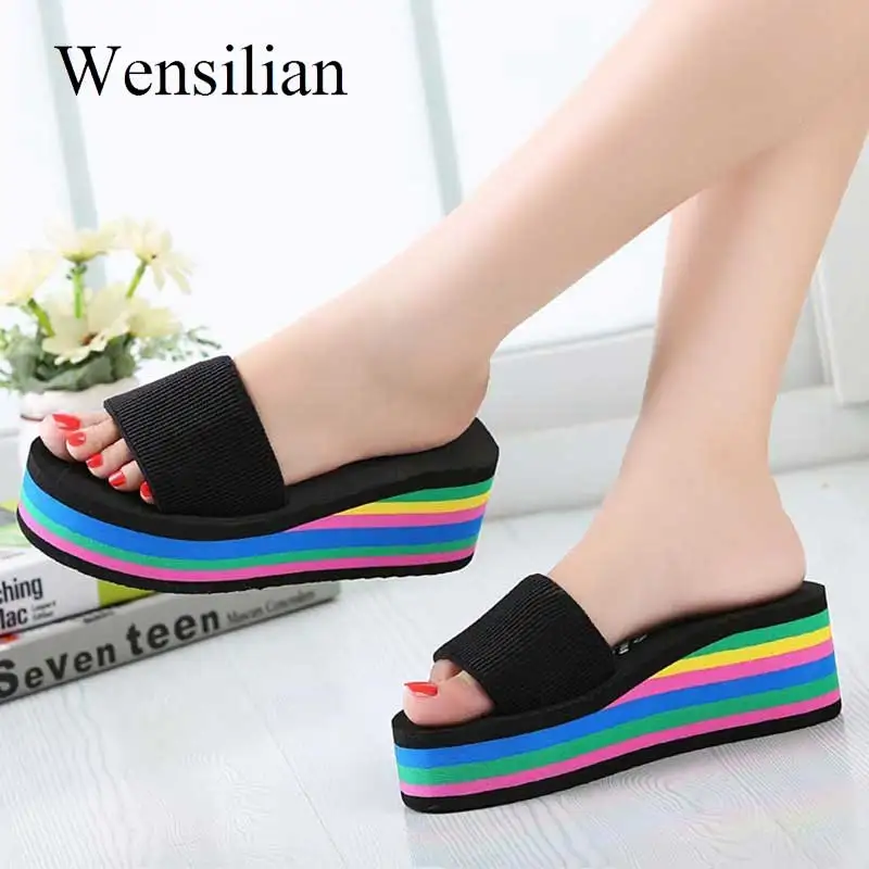 الصيف الصنادل المرأة أسافين منصة نعال الحمام الشاطئ الوجه يتخبط قوس قزح سميكة كعب السيدات ملون أحذية Zapatos موهير