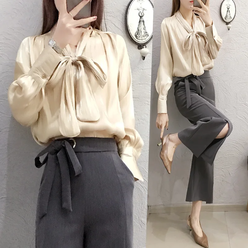 Pants suit 2019 spring new fashion suit women's temperament chiffon shirt top with split wide leg pants two-piece
