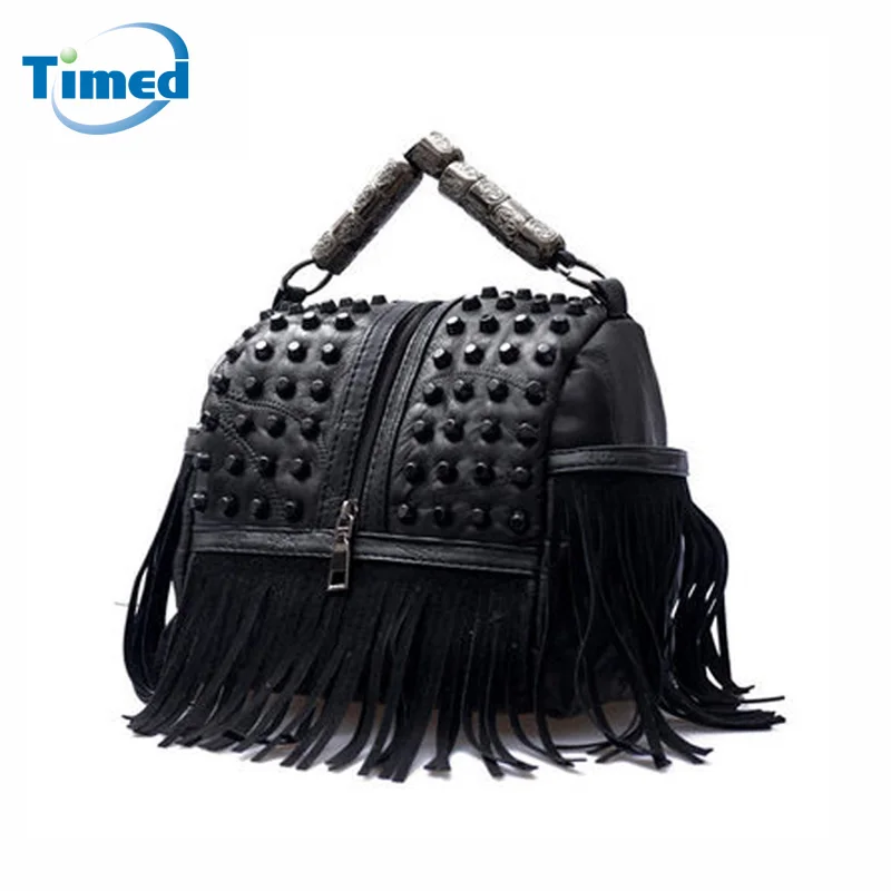 New Design Fashion Sheepskin + Pu Leather Tassel Shoulder Bags Women Casual Punk Style Handbags