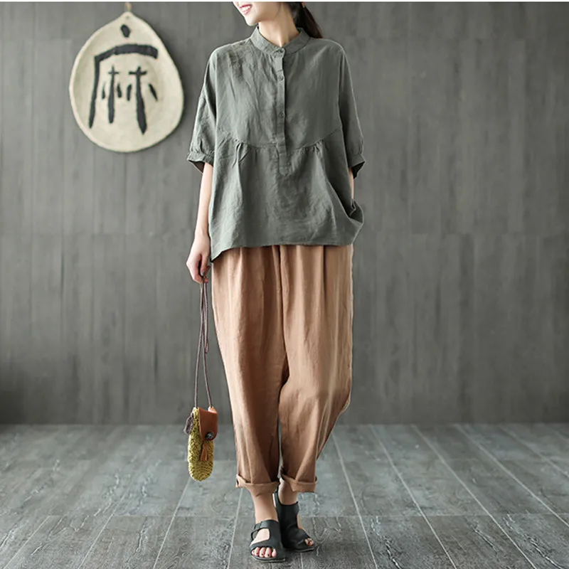 Johnature Stand Collar Solid Color Tops 2018 Summer New Single-breasted Short Sleeve 4 Colors Casual Cotton Linen Women Shirts Johnature Stand Collar Solid Color Tops 2018 Summer New Single-breasted Short Sleeve 4 Colors Casual Cotton Linen Women Shirts