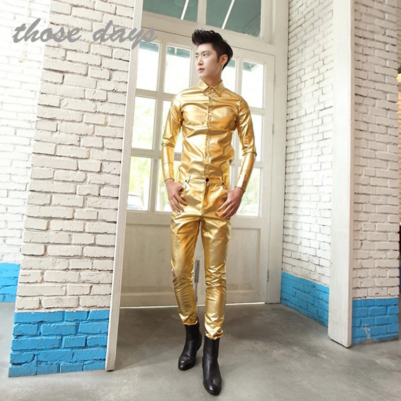 Gold Silver Trousers Punk Leather Pants 