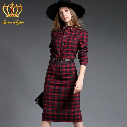 British Style Vintage Red Plaid Dress Autumn 2015 Women Scotland Stand Collar Slim Long sleeve