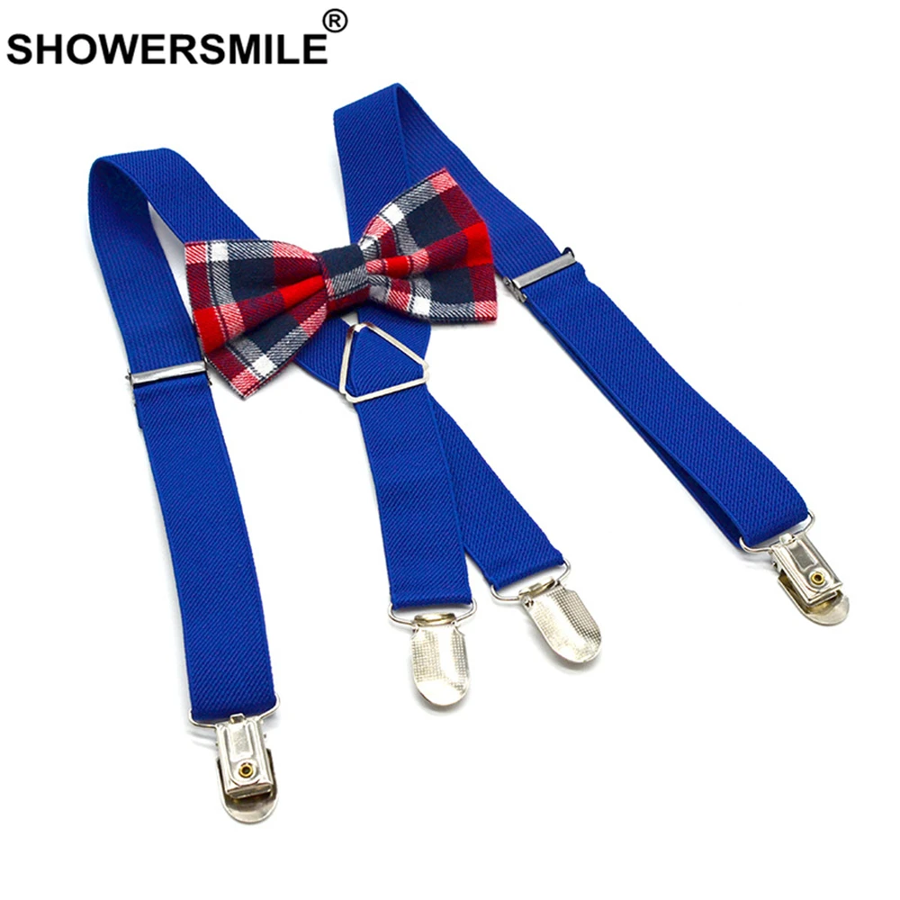 SHOWERSMILE Blue Kids Suspenders with Bow Tie Leather Children Braces British Style Wedding Red Gray Solid Boys Suspenders 65cm