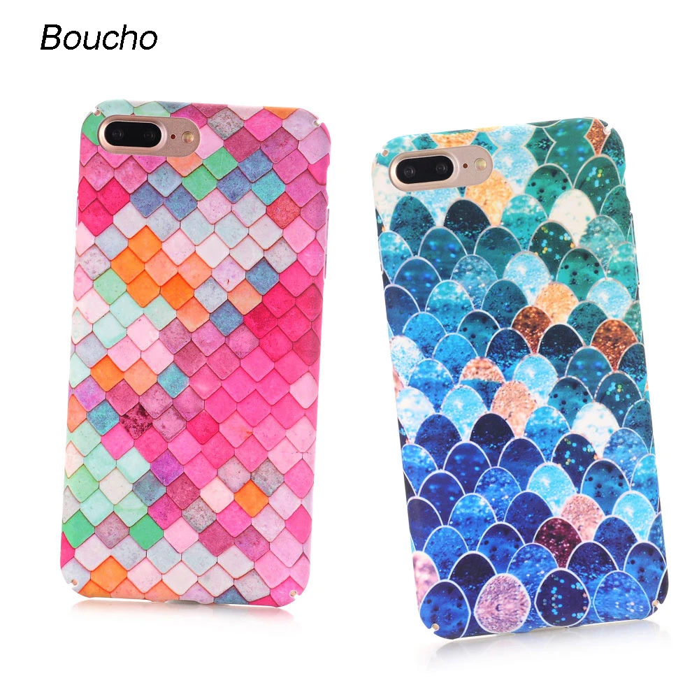 

Boucho Lovely Blue Mermaid Fish Scale Phone Cases For iphone 8 plus Case Protective Back Cover For iphone 8/8Plus Case Coq