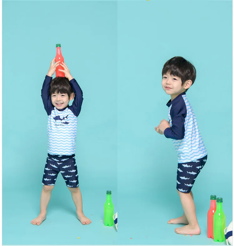 Roupa de Banho Meninos Grandes Adolescentes Maiô Crianças Surf Duas Peças Natação Protetor Solar Proteção uv Praia Conjunto Terno 4 Mamãe e Bebê