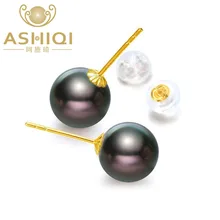 ASHIQI, 18 К, желтое золото, серьги с жемчугом Таити, 8-9 мм, натуральный черный цвет, для женщин, классические серьги-гвоздики, идеально круглые