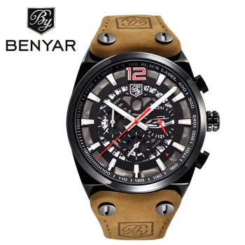 

BENYAR Chronograph Sport Quartz Watch Men Fashion Brand Military Large Dial Mens Watches Leather Casual Male Relogio with Box