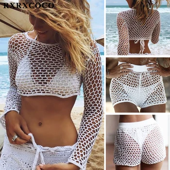 

RXRXCOCO Sexy Bikini Crochet Pareo Beach Cover Up Embroidery Bikini Cover Up Swimwear Women Hollow Out Crop Top Knitted Cover Up