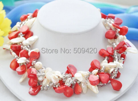 

W&O655 >4strands white tail pearl red melon seeds coral crystal NECKLACE 18inch