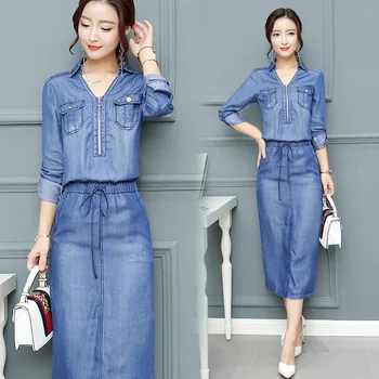 

Women Denim dresses Summer Dress Washed Blue Female Long Sleeve Jeans Dress Casual Ziper V Neck Slim Waist Spring Clothing