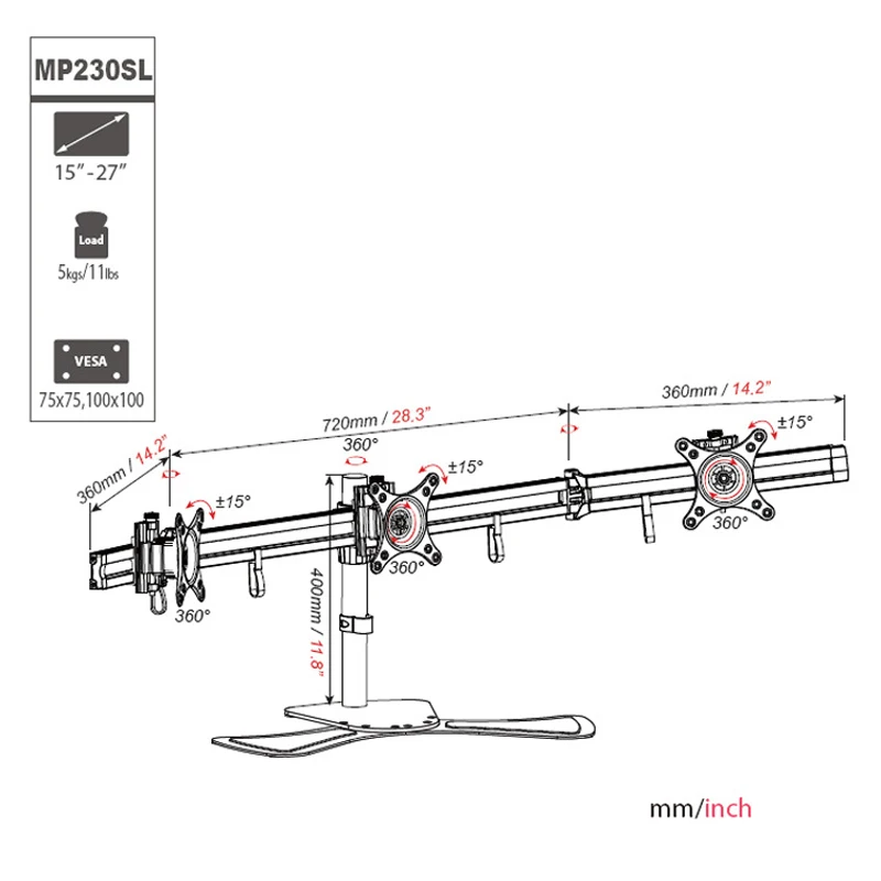 Алюминиевый сплав 15-27 дюймов Тройная настольная подставка для монитора стенд полное движение бесшовный экран кронштейн для монитора MP230SL