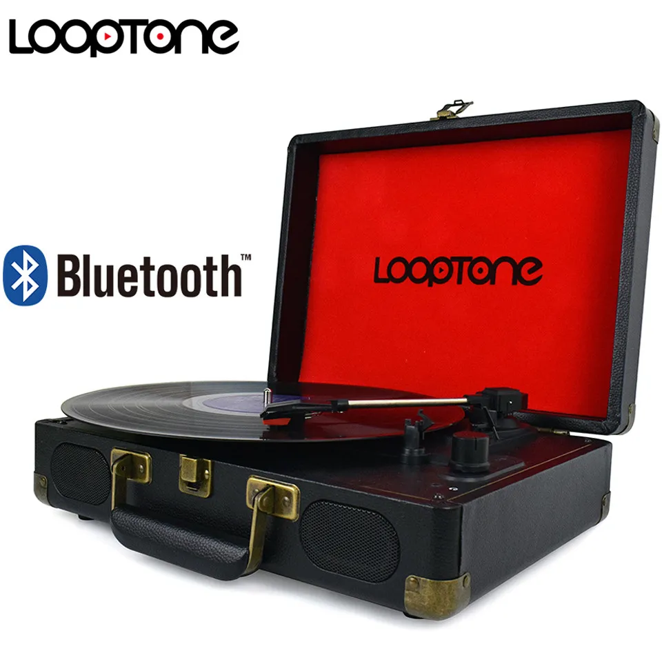En Ligne LoopTone Vintage 33 45 78 rpm Bluetooth Portable Valise Platine Vinyle LP Tourne disque Aux en Ligne out AC110 ~ 240 v Noir
