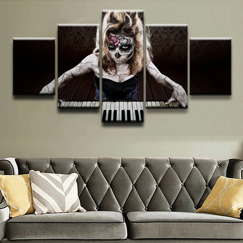 

Modular Canvas Art Wall Picture Home Decor Photo 5 Panel Print Artistic Sugar Skull Playing the Piano Poster Modern Oil Painting