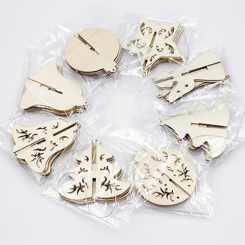 5PCS Wood Slices Splicing DIY 3D Christmas Pendants With Hang String For Xmas Tree Or Home Indoor Decorations Produtos Natalinos