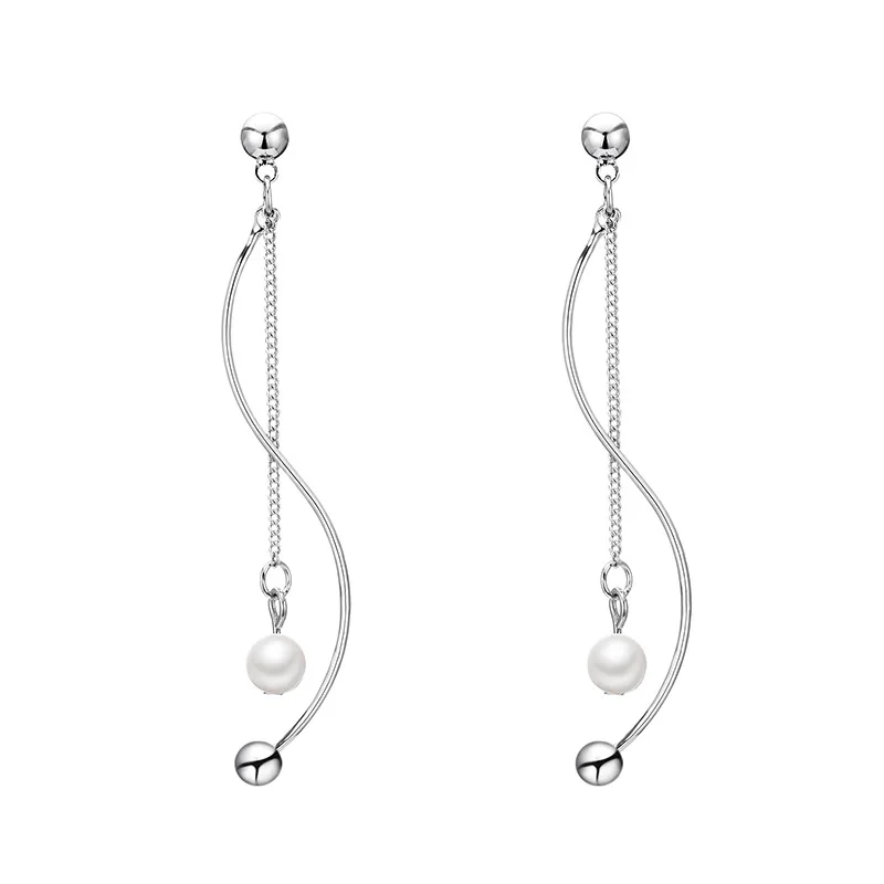 

2018 Korean Simple Simulated Pearl Long Chain Tassel Metal S Shape Curve Strip Drop Earrings for Women Party Fashion Jewelry