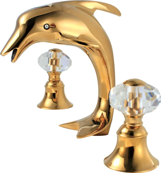 

Free ship Ti-gold 3 Holes 8" WIDESPREAD LAVATORY BATHROOM SINK dolphin FAUCET mixer tap Crystal handles deck mounted