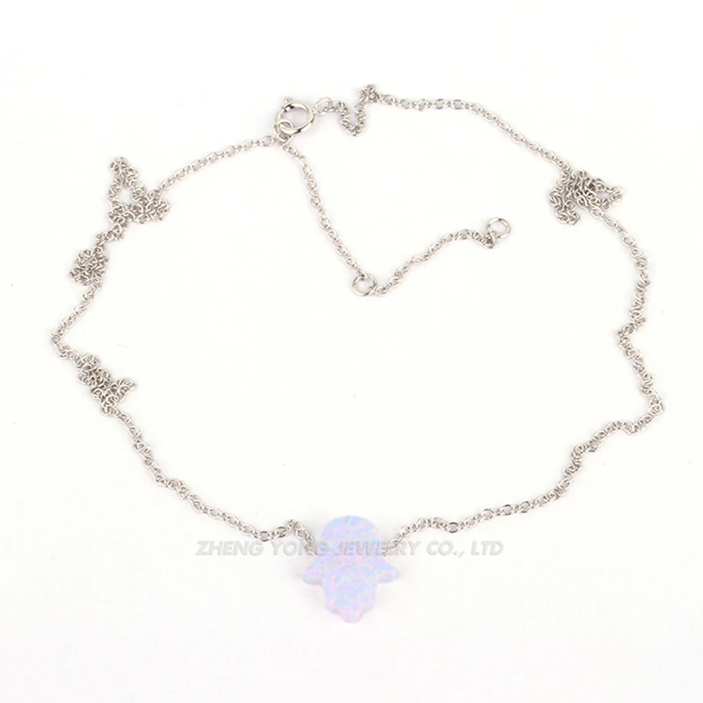 

Hot Sale 11x13mm 925 Sterling Silver Chain Opal Hamsa Necklace, Rhodium Plated OP17 White Fatima Hand Necklace for Gift