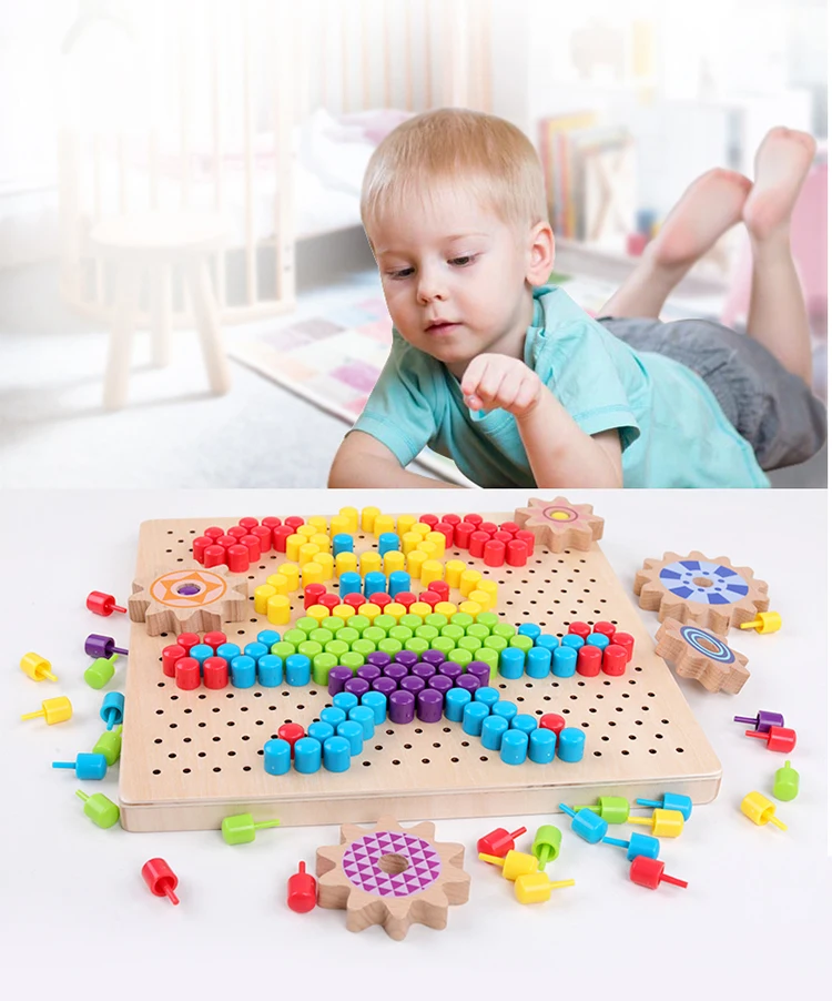 Variable Pixel Painting Wooden Toy Mosaic Plastic Wood New Three-dimensional Early Education Educational Toy Mushroom Pin Mosaic