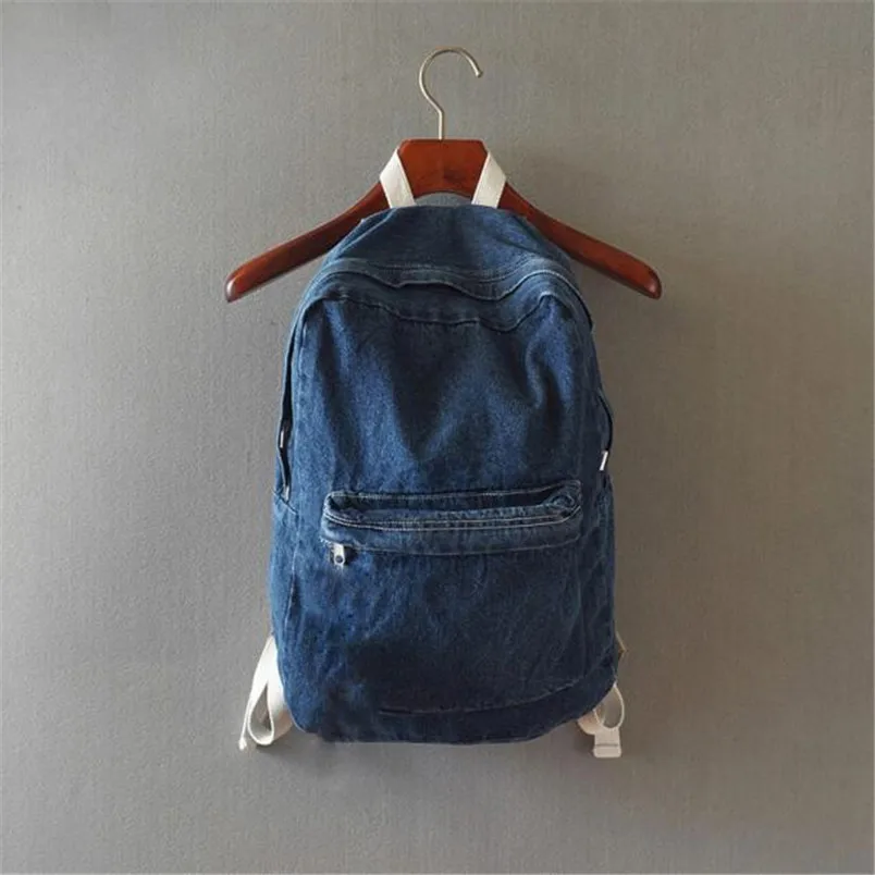 

Japanese college wind denim backpack solid casual travel bag couple shoulder bag school bags for girls deep blue and light blue