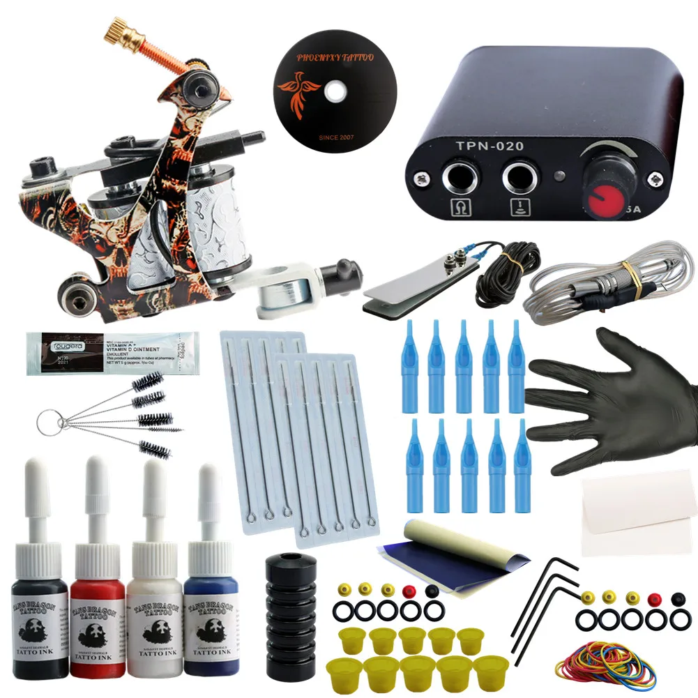 

Tattoo 8 Wrap Coils Guns Machine Kit Set 1/6 oz Black Tattoo Ink Power Supply Needles Beginner Permanent Tattoo Makeup Grip Kits