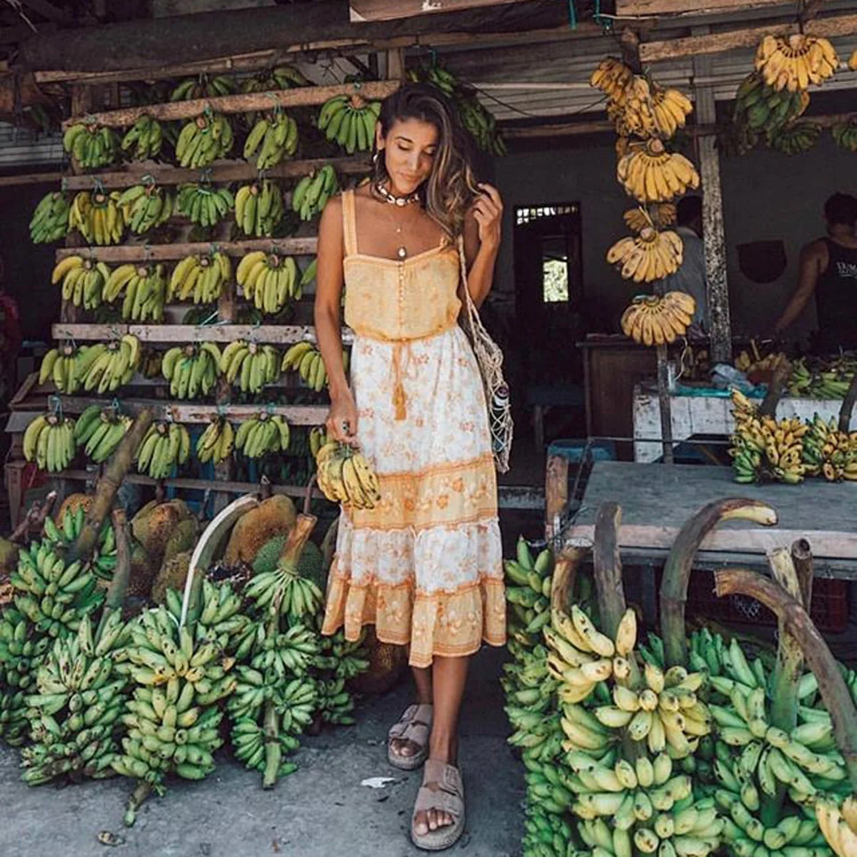 Bohemian Strap Slip Dress Yellow Floral Print Women Sleeveless Midi Boho Hippie Chic Beach Party Wear Dresses Summer | Женская одежда
