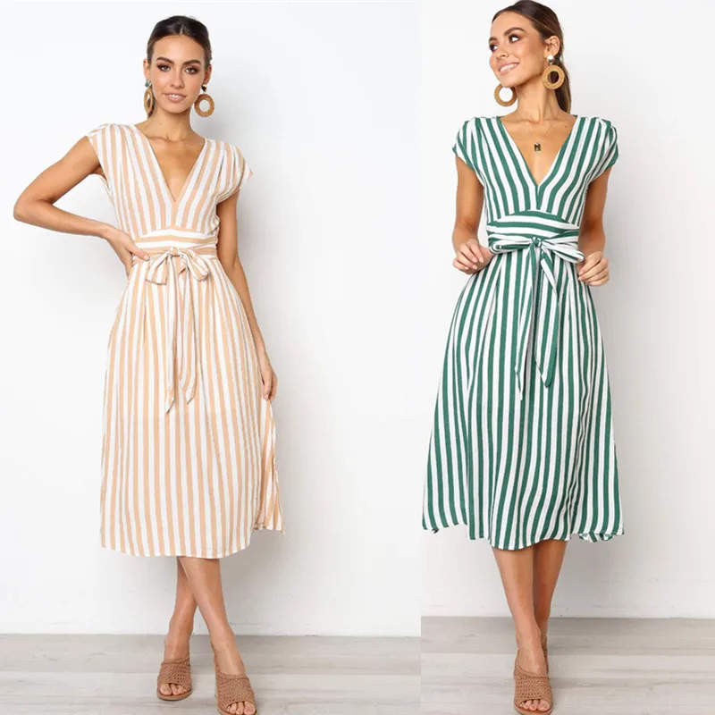 2019 Summer Short Sleeve Striped Dress Drawstring High Waist Elegant Long Party Dress V Neck Vacation Clothes Women 2019 Summer Short Sleeve Striped Dress Drawstring High Waist Elegant Long Party Dress V Neck Vacation Clothes Women
